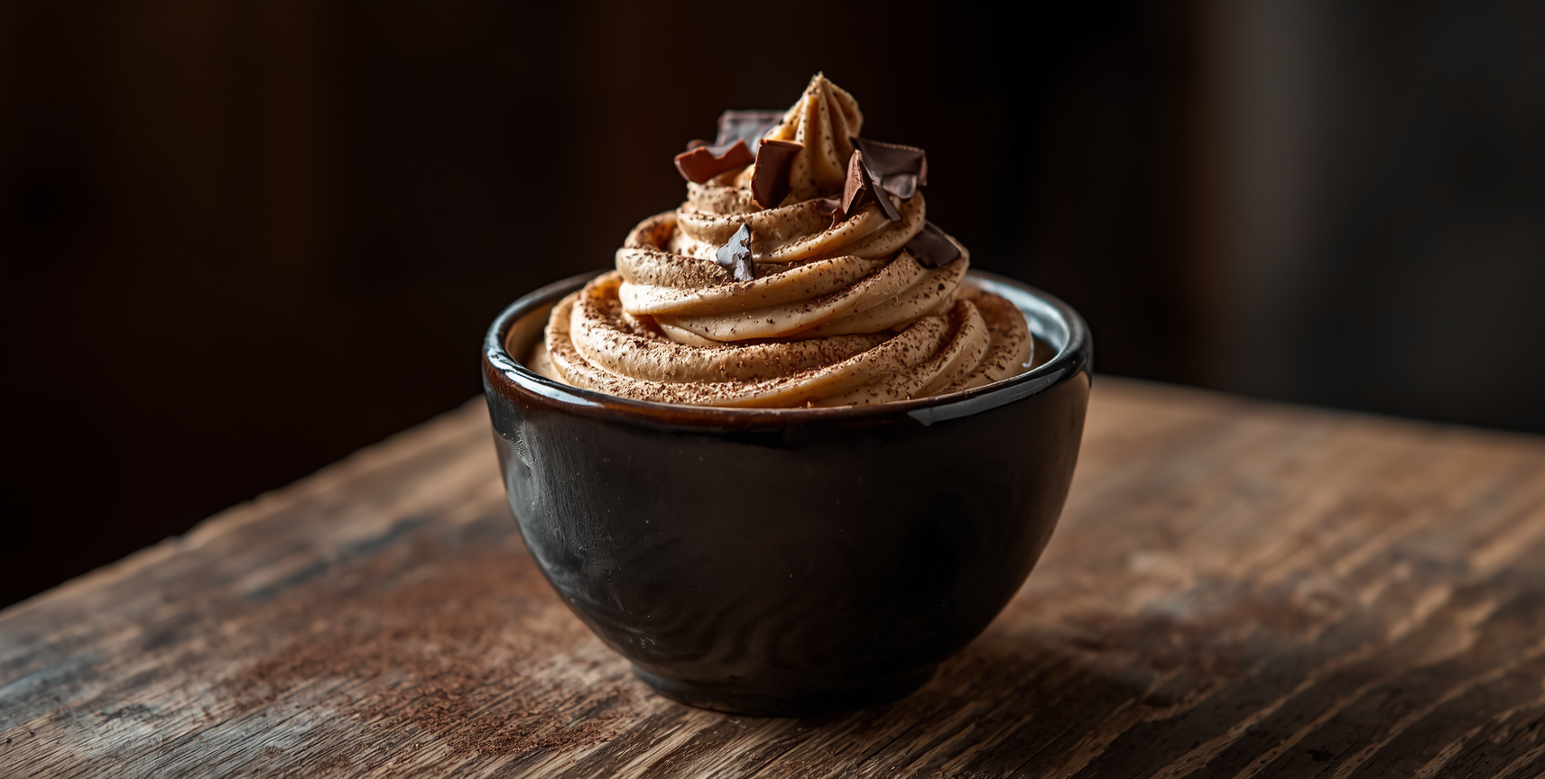 Xícara rústica de Café Cremoso da Vera sabor Cappuccino, com textura de mousse firme, cacau em pó e lascas de chocolate.