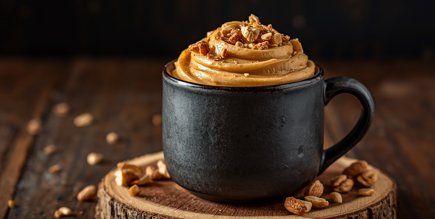 Caneca rústica de Chá de Amendoim Mascavo da Vera, com textura de mousse espessa e pedaços de amendoim torrado.